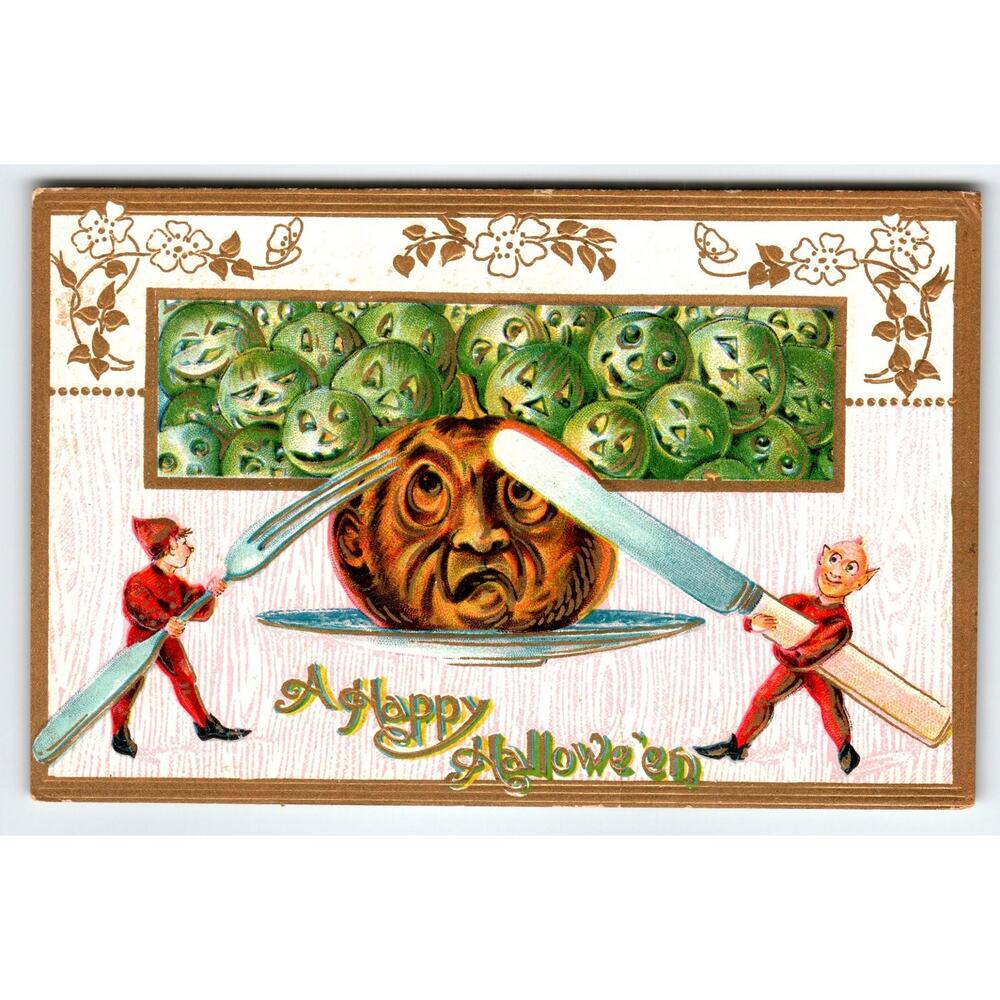 Vintage 1907 Halloween Postcard Pumpkin Face & Elves with Knife & Fork
